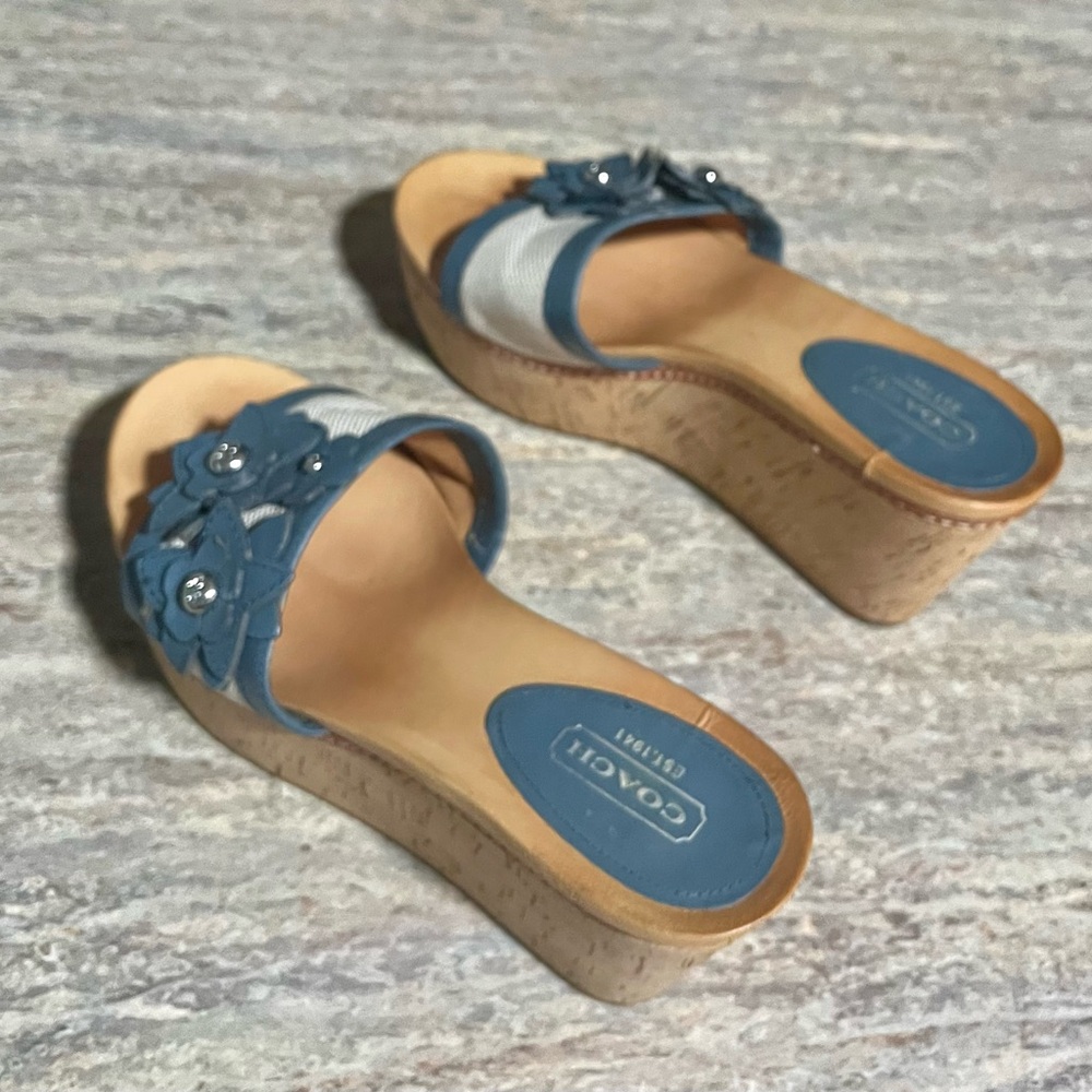 Coach JESACA Blue and Beige Wedge Sandals with Fliral Accents - Picture 9 of 16